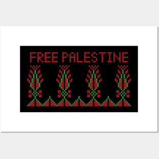 Realistic Palestinian Tatreez Embroidery Pattern Design Free Palestine Quote red-grn Posters and Art